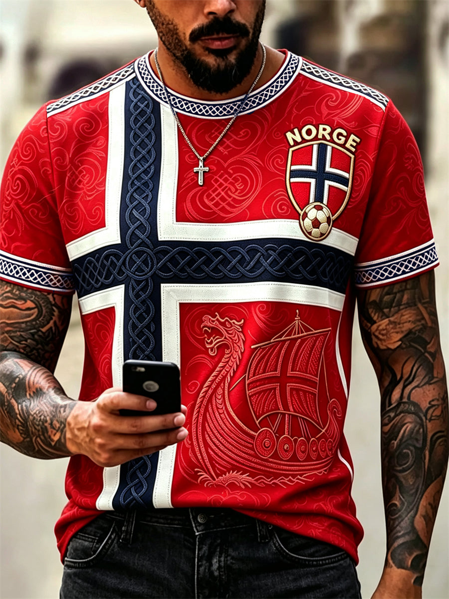 Mäns Norge Fotboll Viking Ship Celtic Flag Färgblock Skriv ut korta ärmar t-shirt