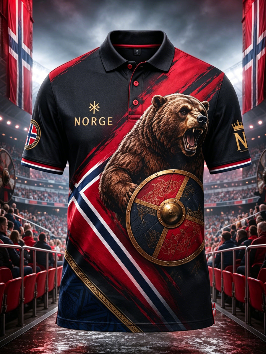 Herrpolotröja med konsttryck med element av norskt fotbollssupporterande