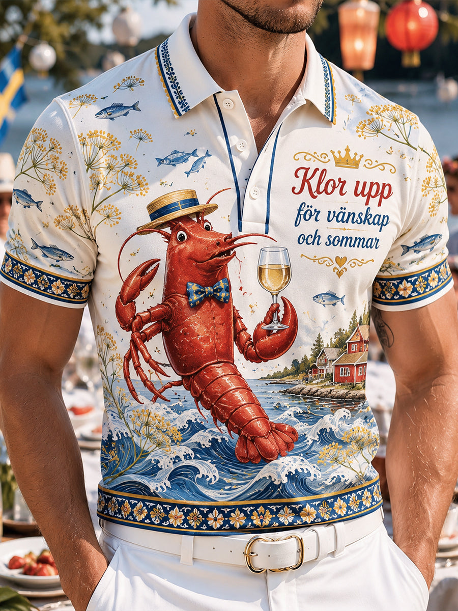 Herrpolotröja med konsttryck till minne av den svenska hummerfestivalen