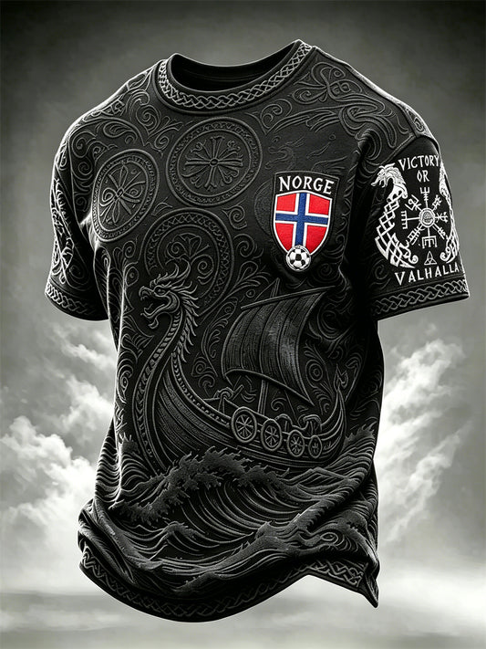 Herrens Norge Fotboll Victory eller Valhalla Viking Vegvisir & Ship Celtic Knop Skriv ut korta ärmar t-shirt