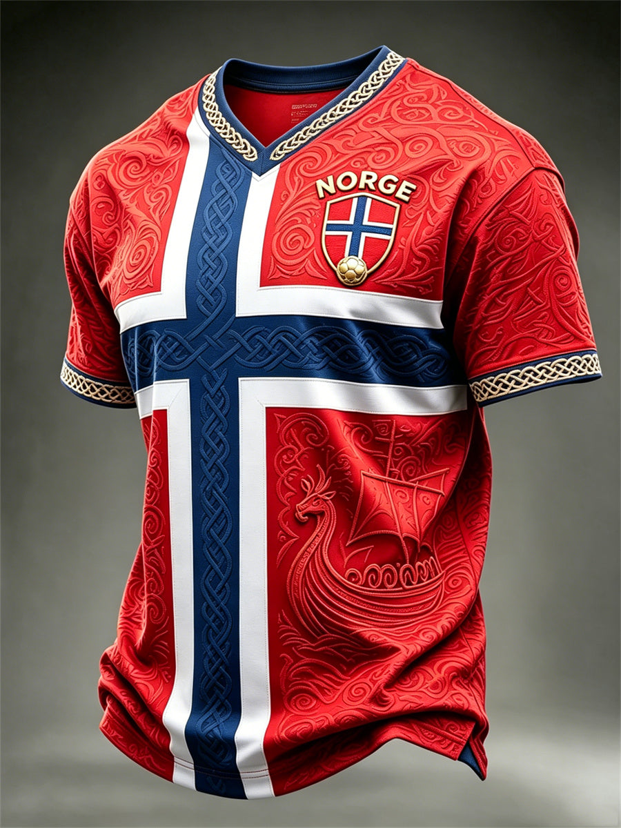 Mäns Norge Fotboll Viking Ship Celtic Knop Flag Färgblock Skriv ut korta ärmar t-shirt