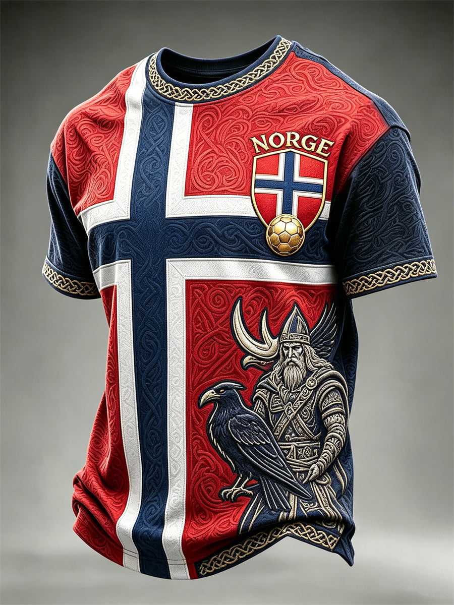 Mäns Norge Fotboll Viking Warrior & Raven Celtic Knot Flag Färgblock Skriv ut korta ärmar t-shirt