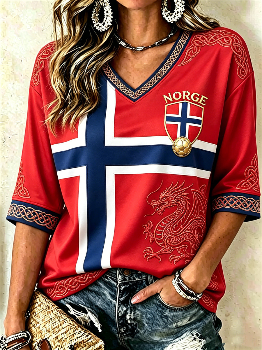 Kvinnors fotboll Viking drake Celtic Knot Flag Färgblock Skriv ut mitt längd ärmar V-hals T-shirt