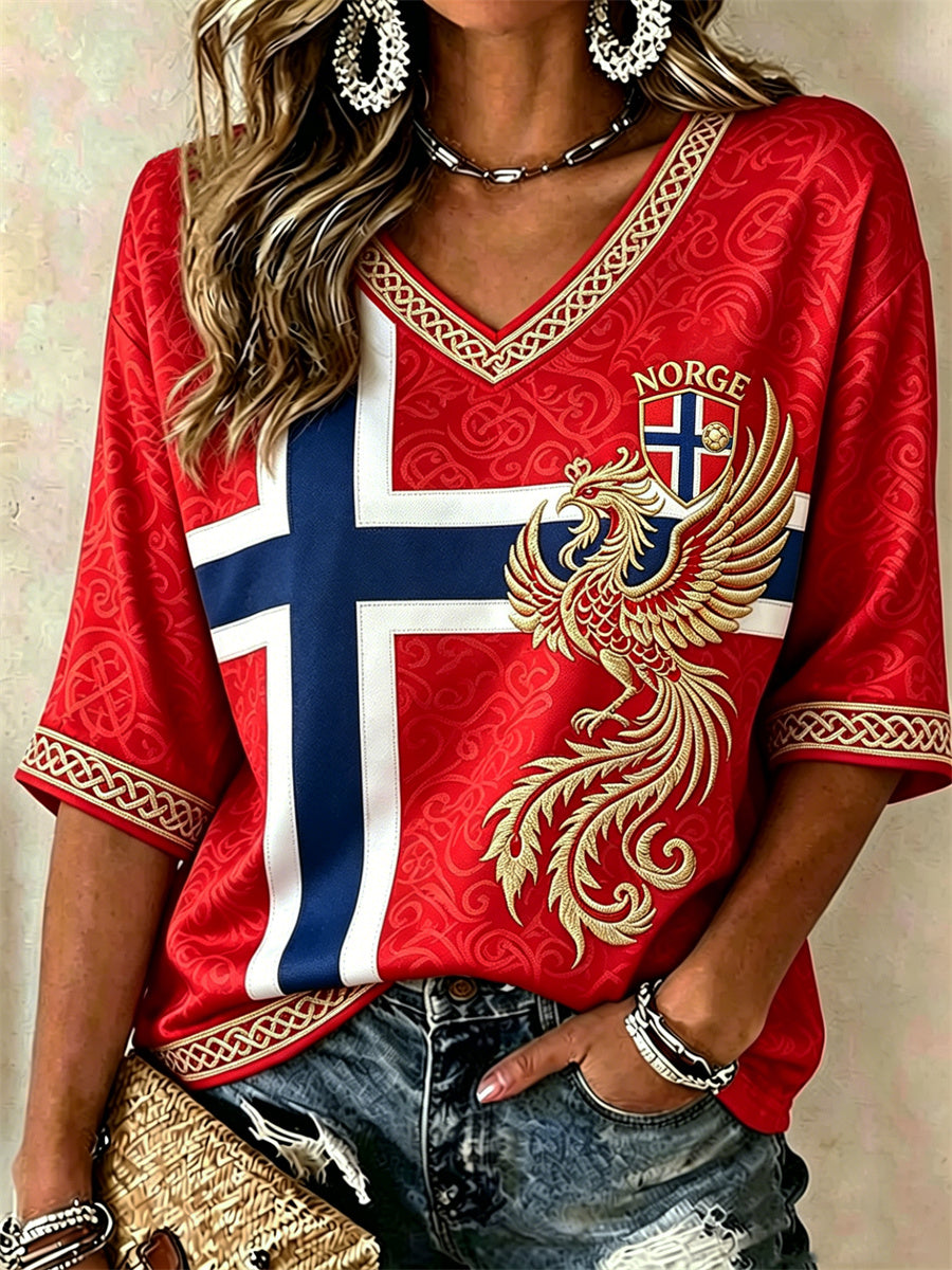 Kvinnors fotboll Viking Phoenix Celtic Knot Flag Skriv ut mitt längd ärmar V-hals T-shirt