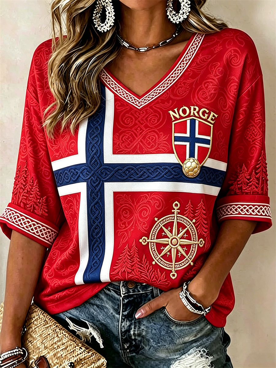 Kvinnors fotboll Viking kompass Skog Celtic Knop Flag Skriv ut mitt längd ärmar V-hals T-shirt