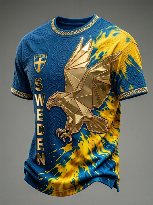 Herrtröja i retrostil med svensk fotbollsmotiv och korta ärmar