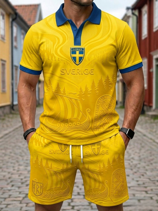 Mäns Retro Svensk fotboll älskare Skriv ut Short-Sleeve Polo Set