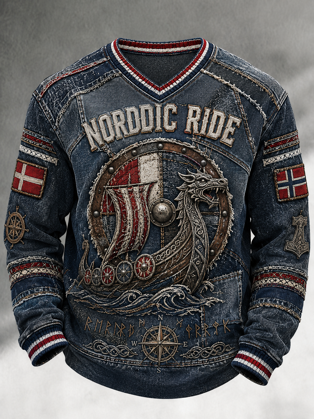 V-ringad danska vikingar retromode lös tröja med långa ärmarna
