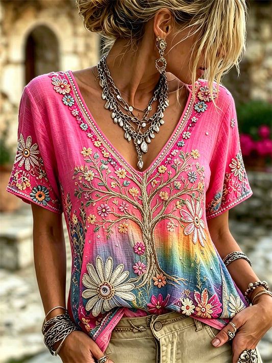 Hippie Blomster Skriv ut Gradient Färg linne kortärmad t-shirt