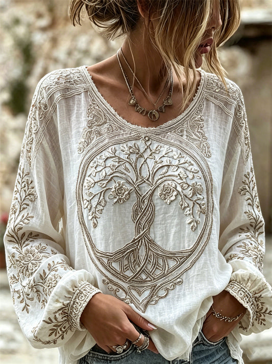 Kvinnors stilfulla blomster viking träd av liv keltisk knop Skriv ut bomull-Linen tröja