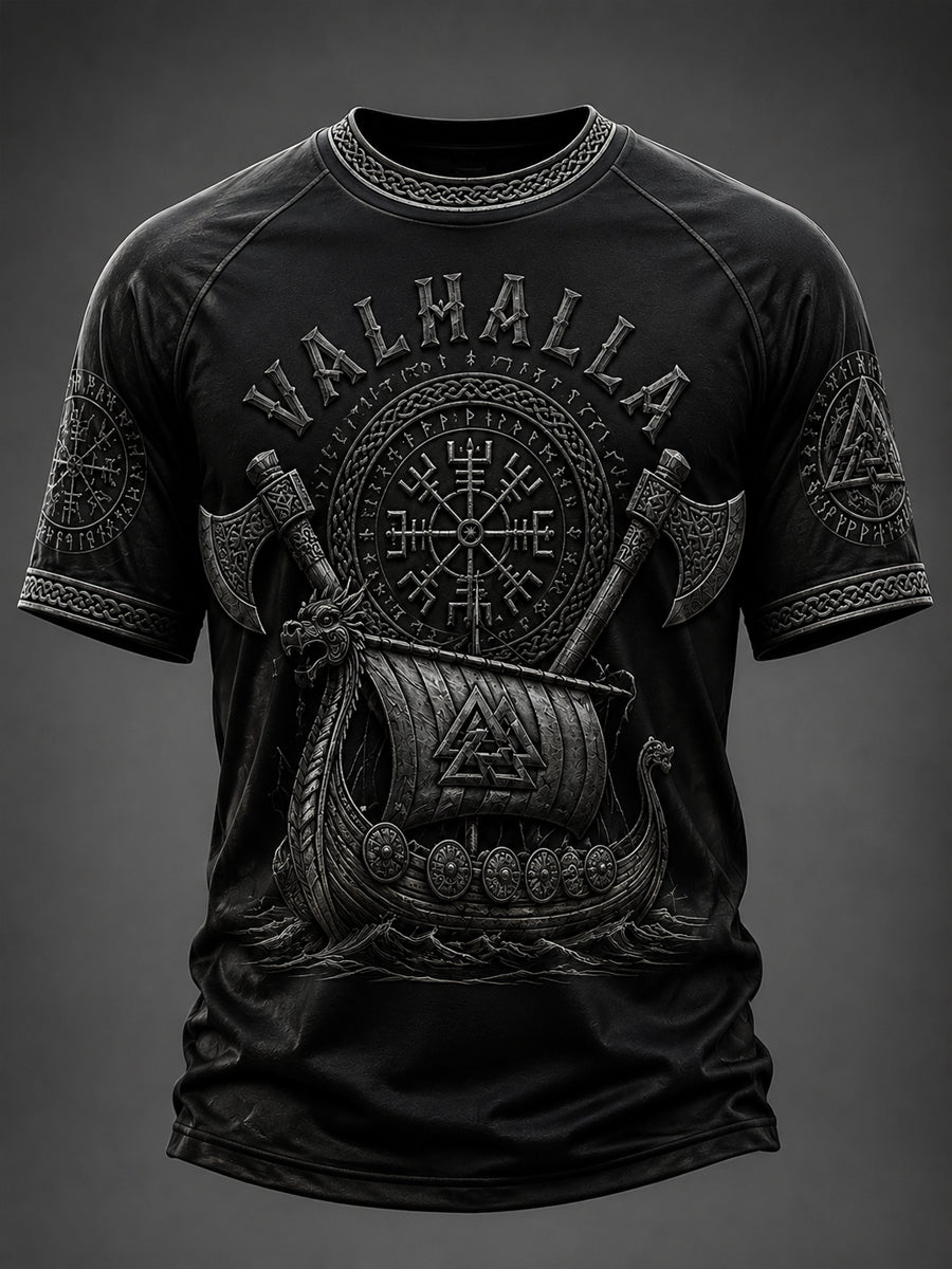 Herrlig Valhalla-printad avslappnad t-shirt med korta ärmar