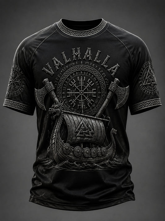 Herrlig Valhalla-printad avslappnad t-shirt med korta ärmar