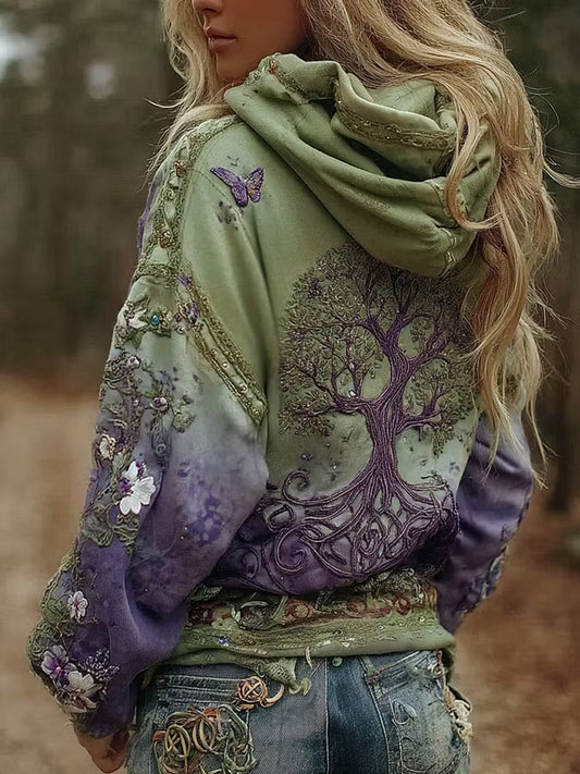 Kvinnlig vintage-vikingjacka med blommönster, avslappnad stil