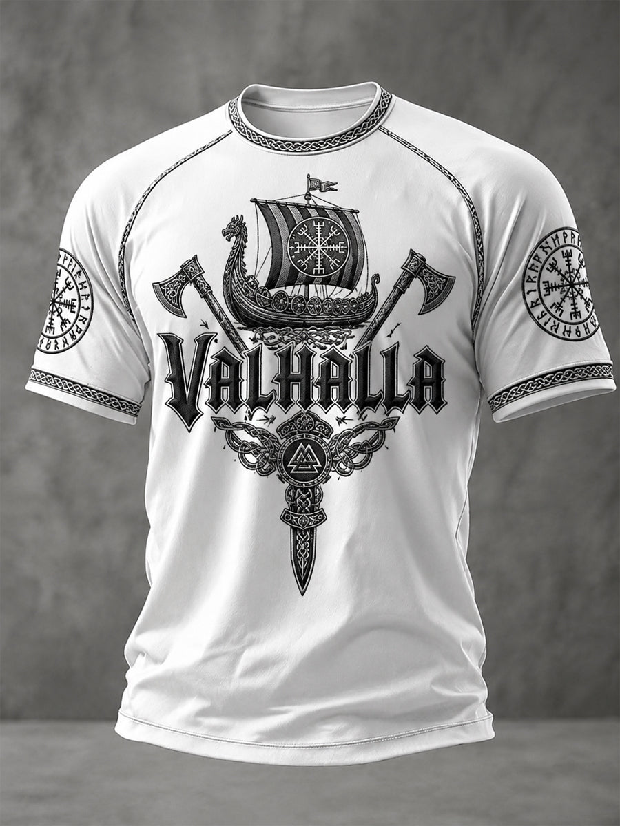 Herrlig Valhalla-printad avslappnad t-shirt med korta ärmar