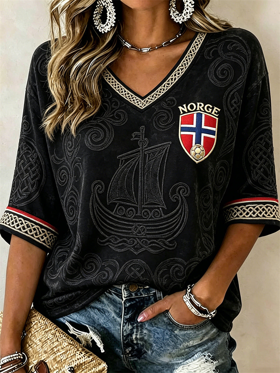 Kvinnors fotboll Vikingskepp Celtic Knop Skriv ut med längd ärmar V-hals T-shirt