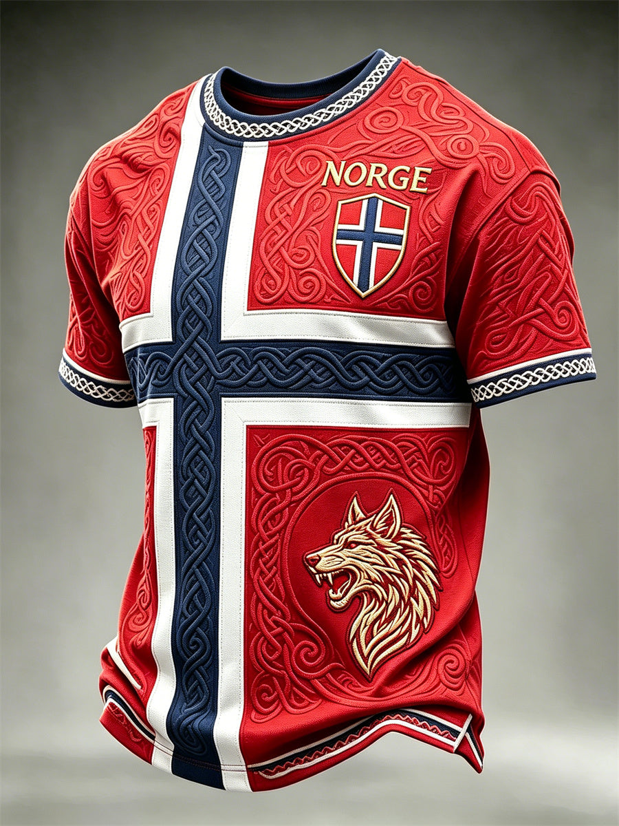 Herrtröja i fotbollsstil från Norge med tryck av vikingar, varg, keltiskt knutmotiv och flagga, kortärmad t-shirt