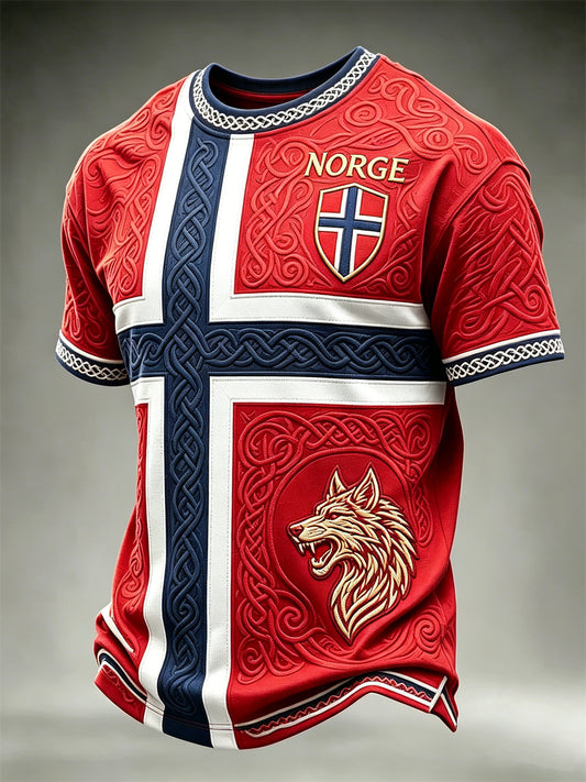 Herrtröja i fotbollsstil från Norge med tryck av vikingar, varg, keltiskt knutmotiv och flagga, kortärmad t-shirt