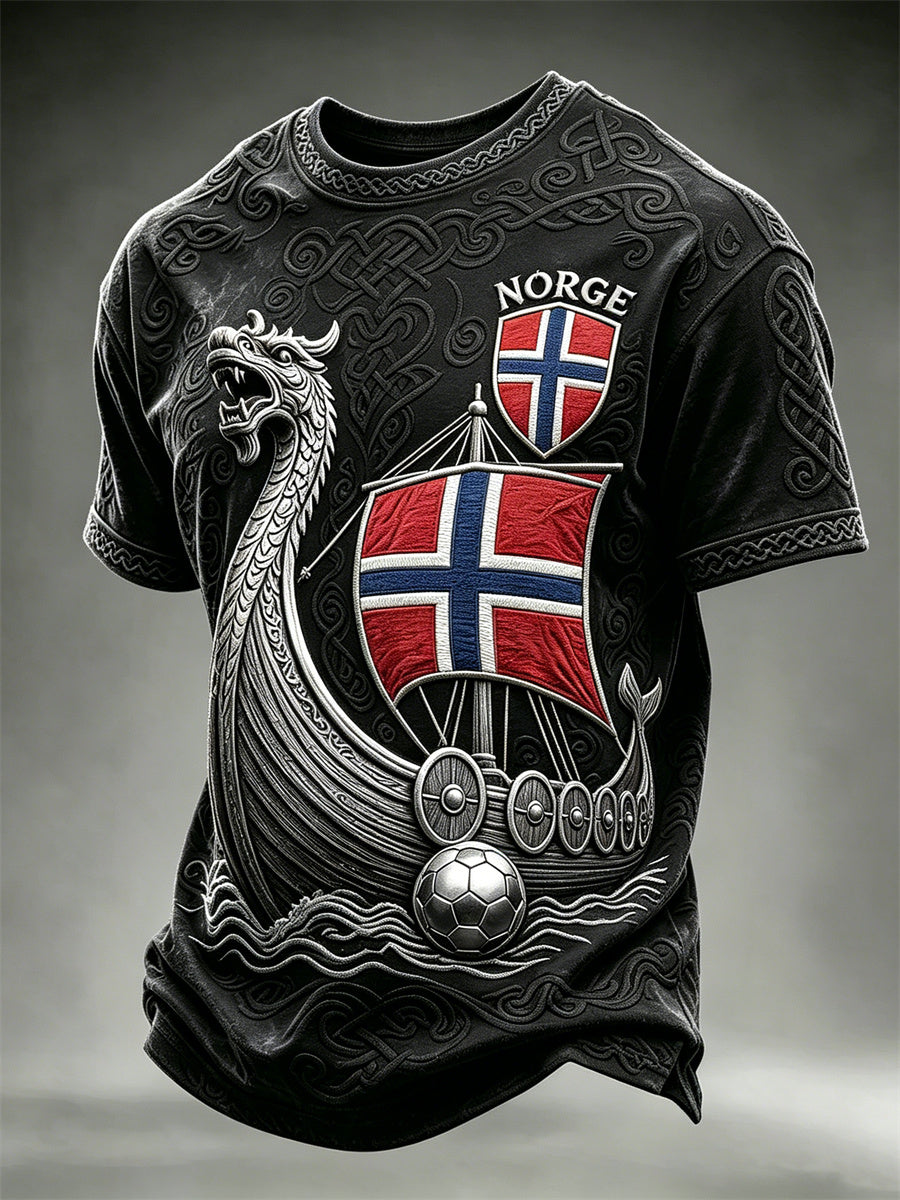Herrtröja i fotbollsstil från Norge med Vikingaskib och keltiskt knutmotiv, kortärmad t-shirt