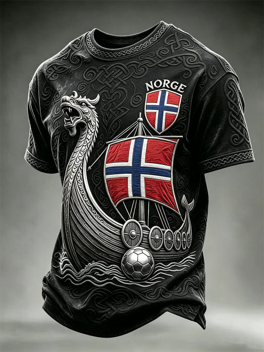 Herrtröja i fotbollsstil från Norge med Vikingaskib och keltiskt knutmotiv, kortärmad t-shirt