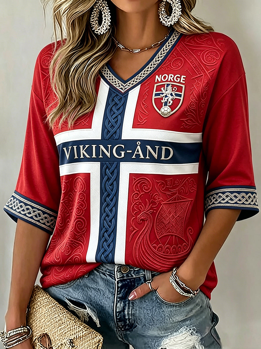 Kvinnors Viking keltisk konstfotboll Inspirerad Print Mid-längd ärmar V-hals T-shirt