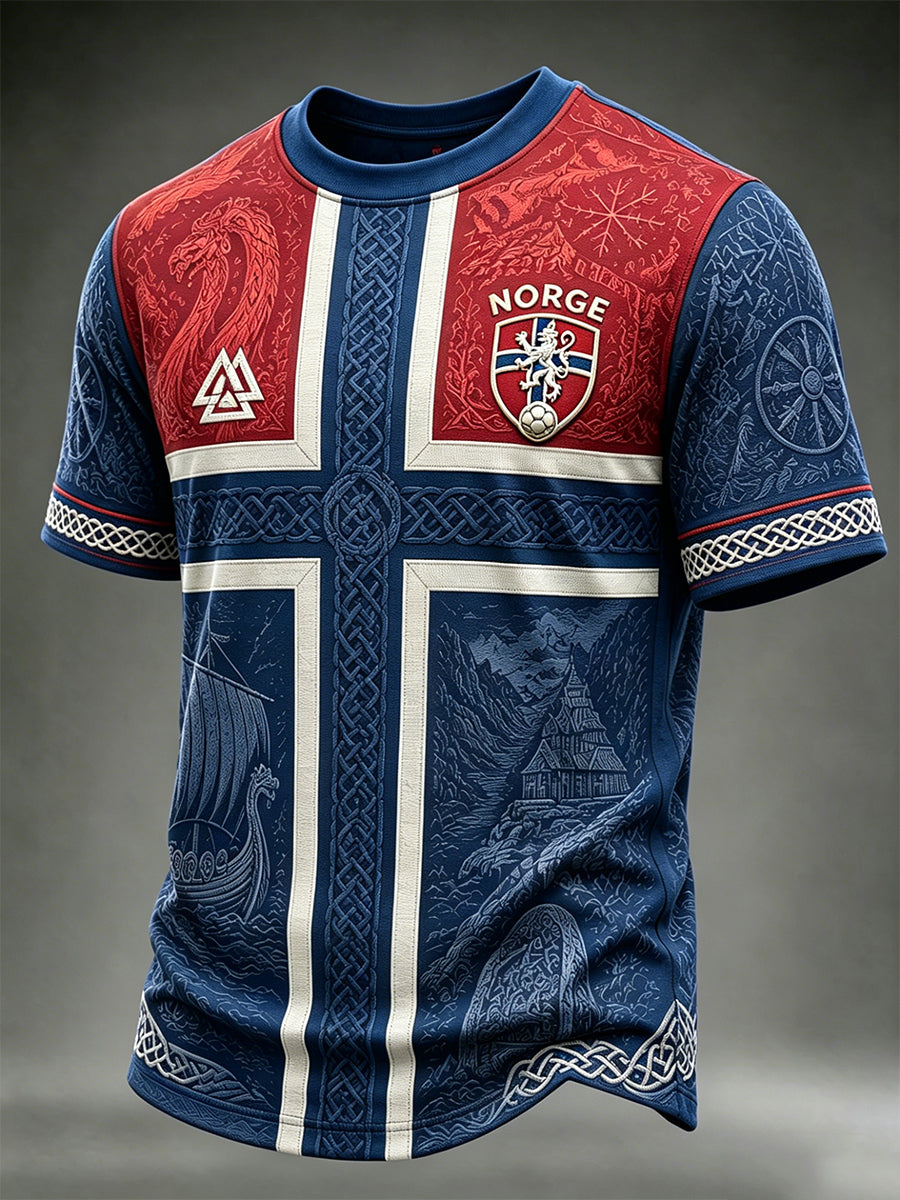 Herrtröja med vikingainspirerat mönster, fotbollssupporter från Norge, korta ärmarna