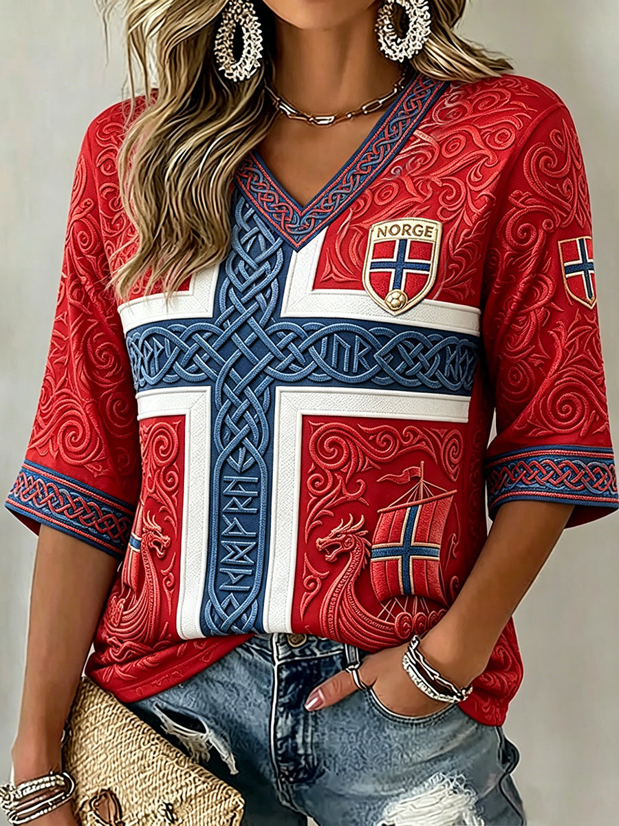 Kvinnors Viking keltiska mönster Skriv ut norska fotbollsfläkt medellång ärmar V-hals T-shirt