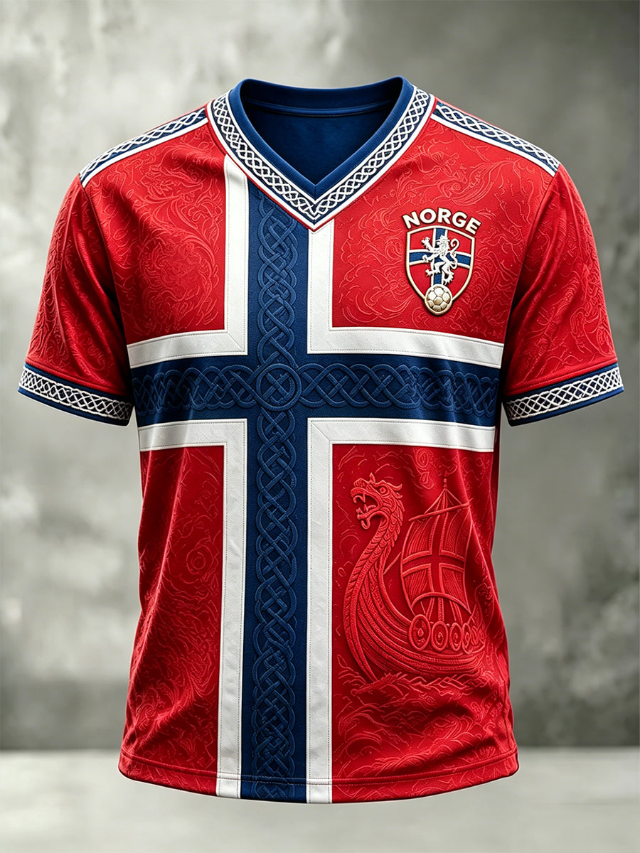 Mäns Viking Celtic Print Norge Fotboll Fan V-hals T-shirt