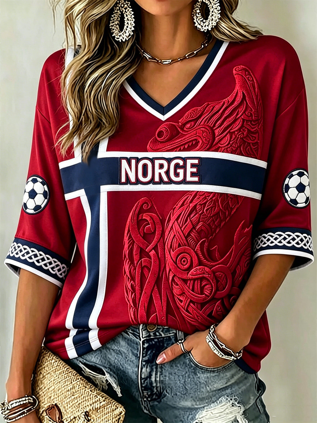 Kvinnors vikinga element färgblockade Design Casual Mid-längd ärmar V-hals T-shirt