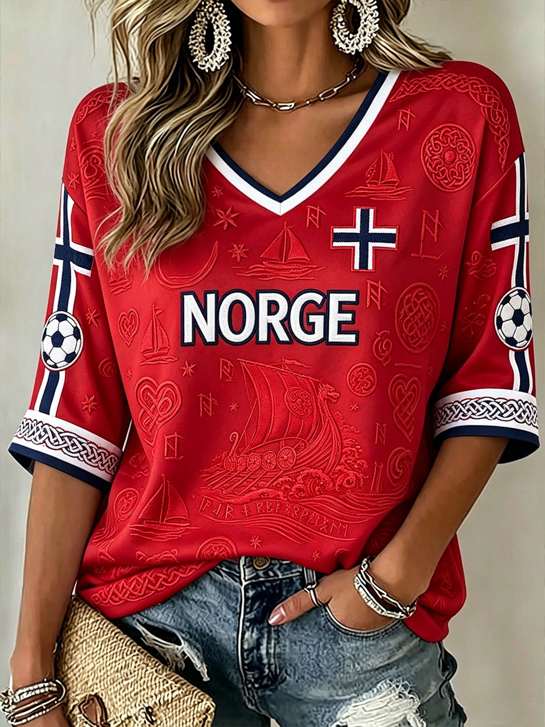 Kvinnlig vikingelement T-shirt med färgblockdesign, avslappnad stil, halvlånga ärmar och V-ringning