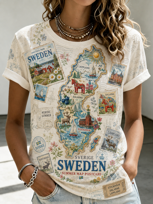 Kvinnors Karta Över Sverige T-shirt Med Kort Ärm