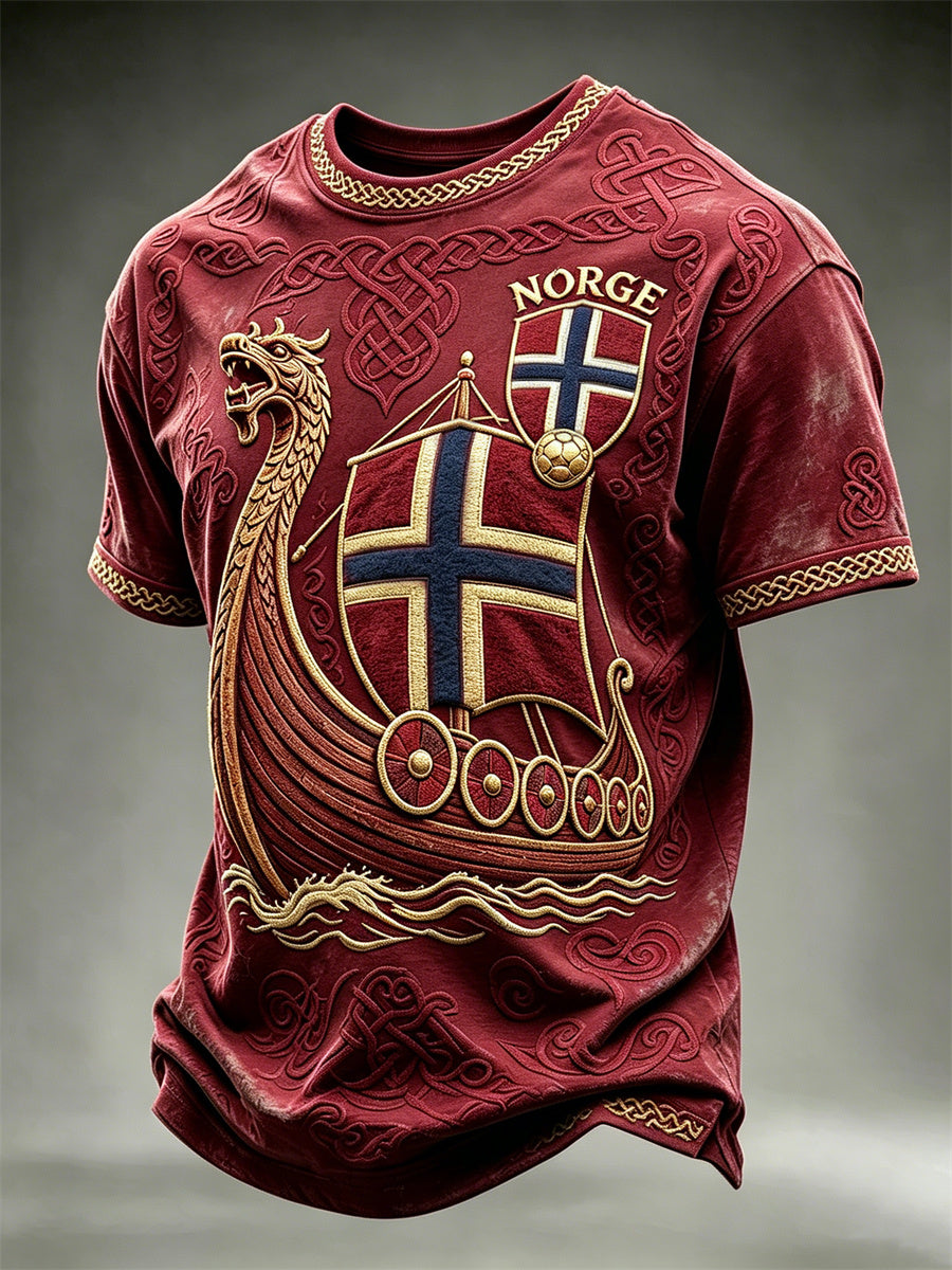 Herrtröja i fotbollsstil från Norge med Vikingaskib och keltiskt knutmotiv, kortärmad t-shirt