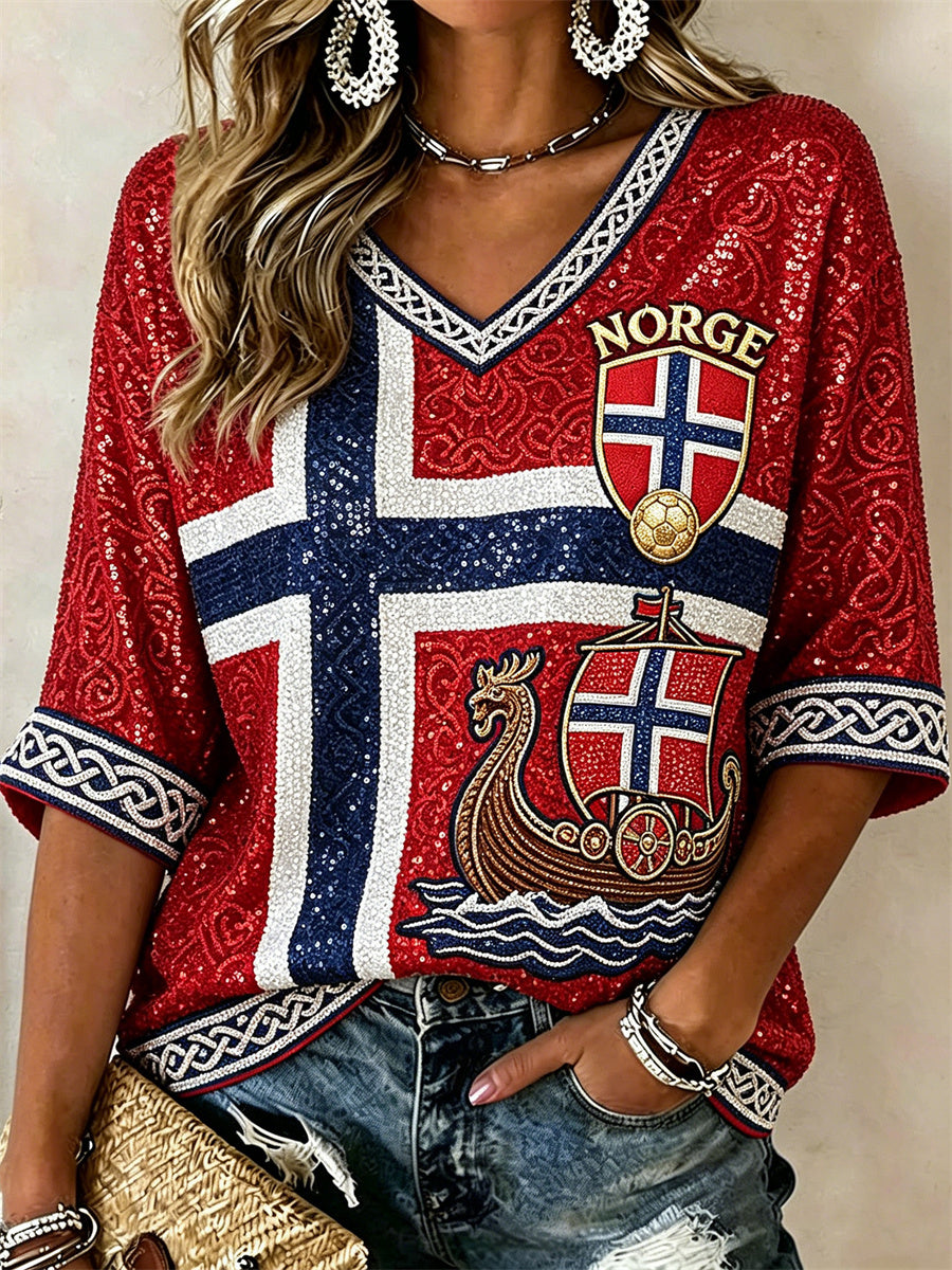 Kvinnors fotboll Viking Ship Celtic Knop Flag Glitter Skriv ut mitt längd ärmar V-hals T-shirt