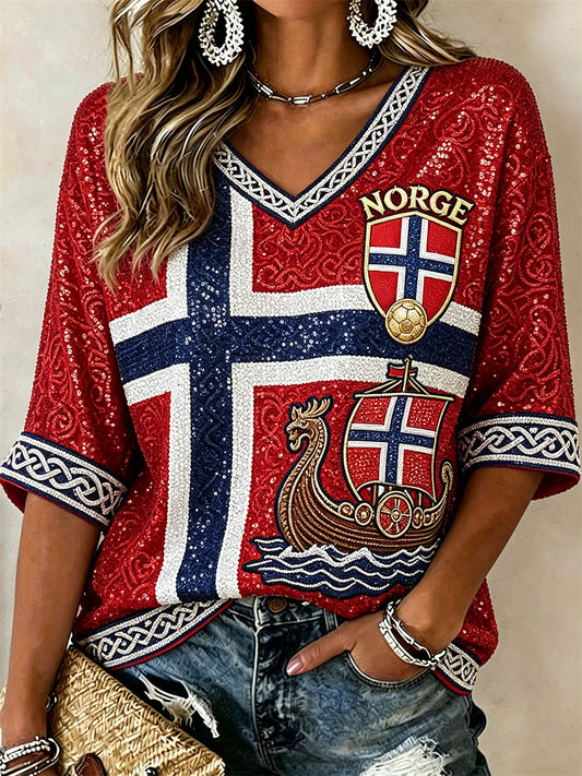 Kvinnors fotboll Viking Ship Celtic Knop Flag Glitter Skriv ut mitt längd ärmar V-hals T-shirt