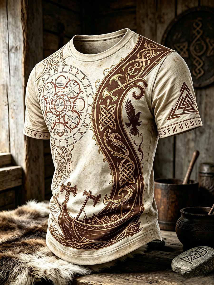 Mansvintage-T-shirt med vikingamönster