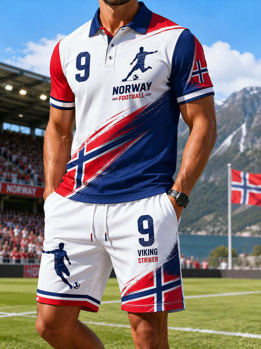 Mäns kortärm Polo tröja och Shorts Set med fotboll-tema tryckt