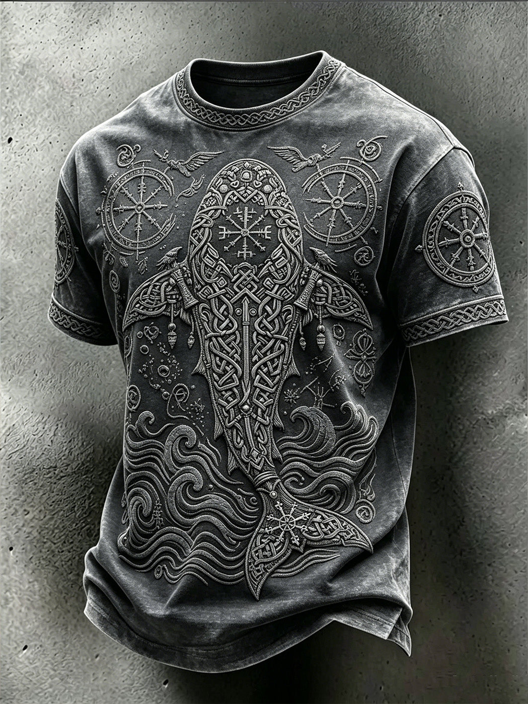 Mäns Retro Viking Ocean Djurmönster Tryckt tvättad T-shirt