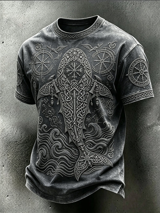 Mäns Retro Viking Ocean Djurmönster Tryckt tvättad T-shirt