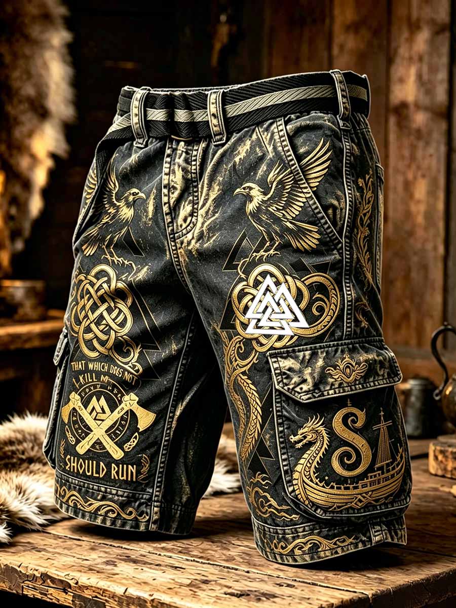 Vintage-vikingart-printshorts för män