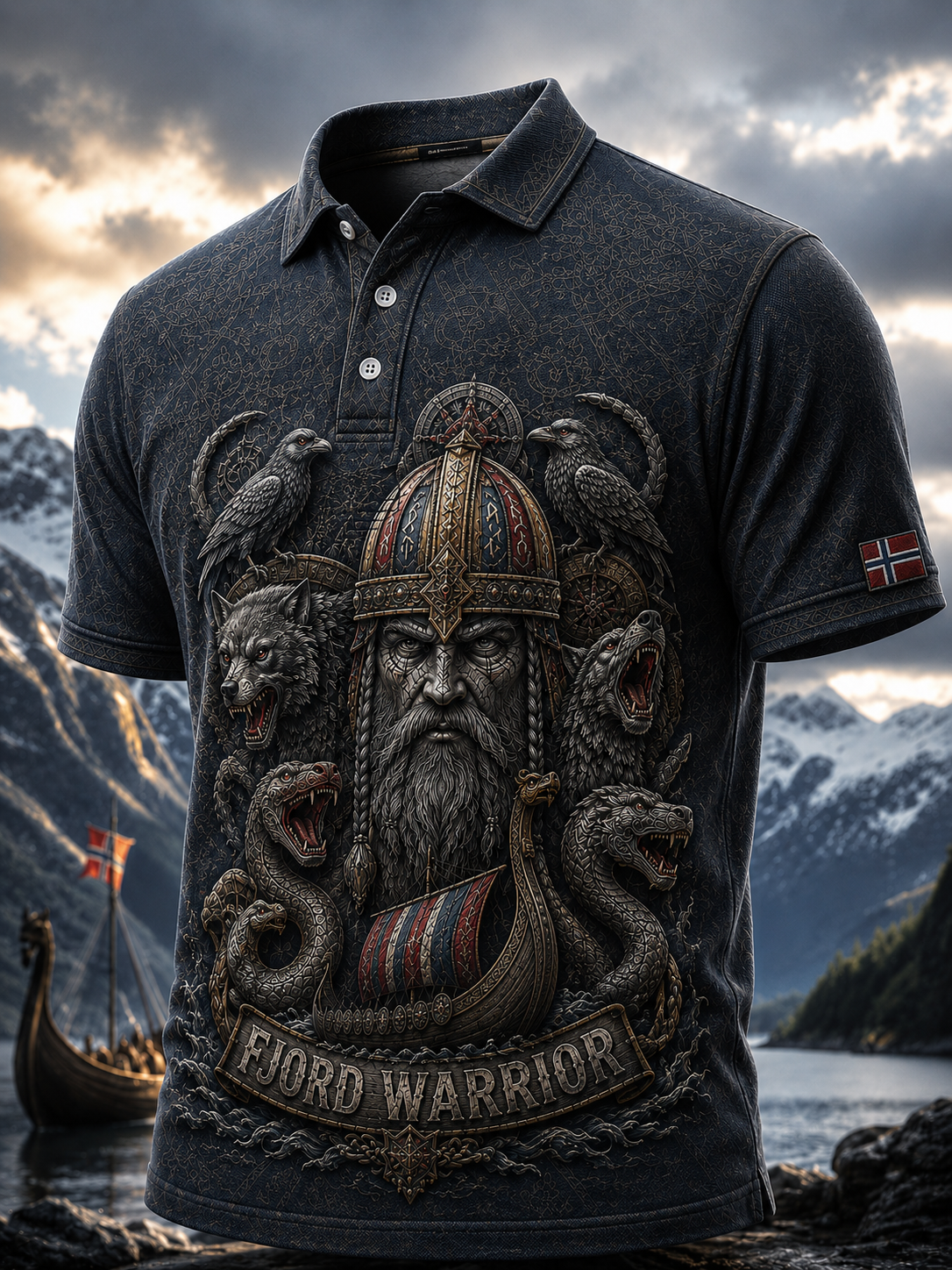 Herrskjorta med kort ärm föreställande norska vikingar
