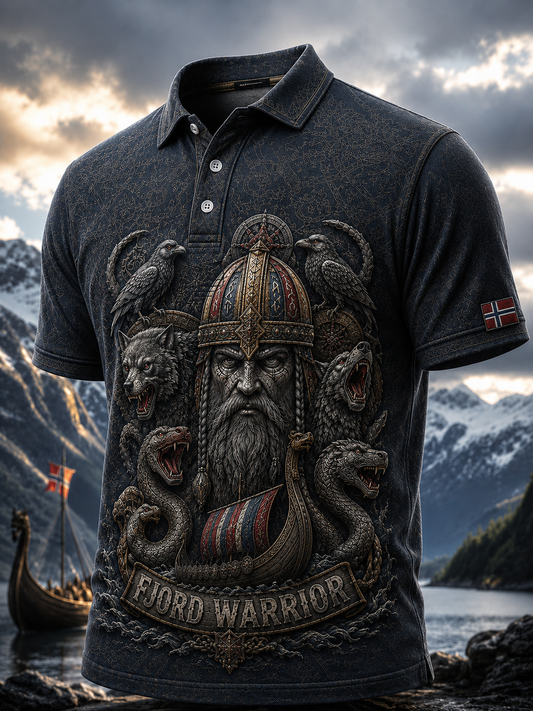Herrskjorta med kort ärm föreställande norska vikingar