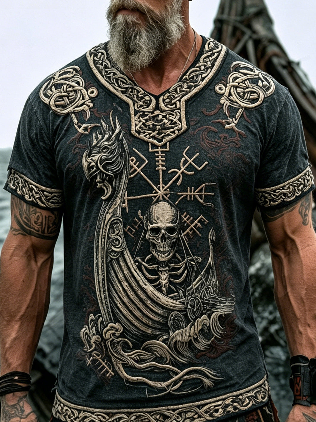 Mäns retro Viking pirat skall mönster bomull och linne T-shirt