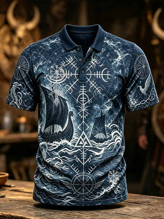 Mäns Retro Viking konst mönster tryckt polo skjjorta