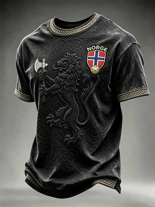 Herrtröja i Norge-tema med fotboll, lejon, vikingar och keltiskt knutmönster, kortärmad