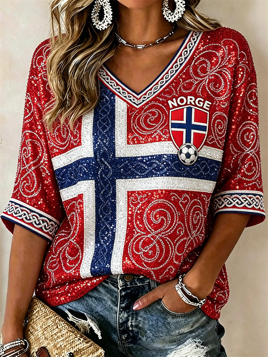 Kvinnors fotboll Viking Keltisk knop Flag inspirerad Glitter Skriv ut mitt längd ärmar V-hals T-shirt