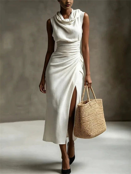 Kvinnors stilfulla cowl hals sida Slit Maxi Lin klänning