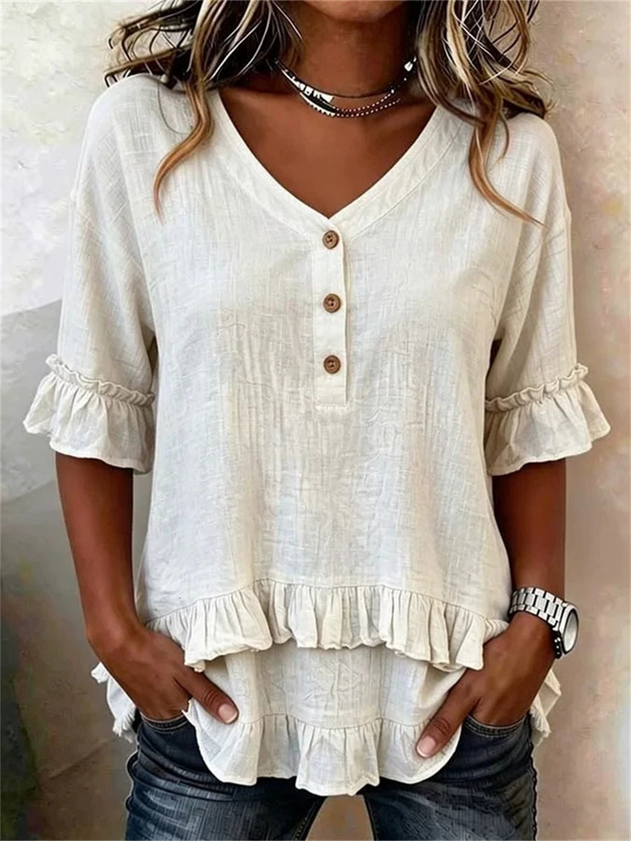 Kvinnors lager Ruffle Trim Knapp upp V hals kortärmade T-shirt