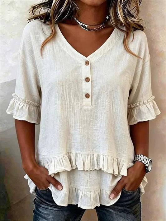 Kvinnors lager Ruffle Trim Knapp upp V hals kortärmade T-shirt