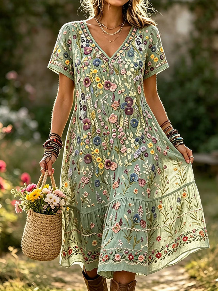 Damsmokdress i elegant bomullslinne med blommönster