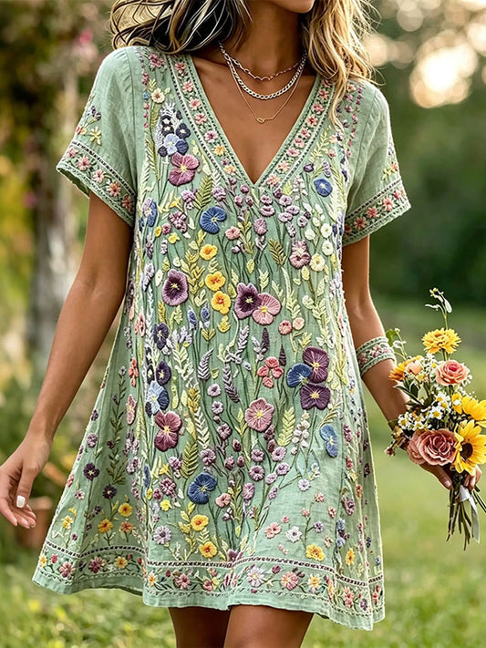 Damsmokdress i elegant bomullslinne med blommönster