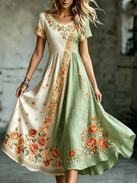 Damsmokdress i elegant bomullslinne med blommönster